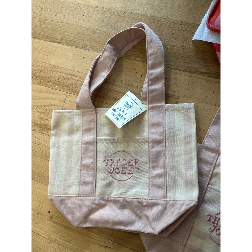 Trader Joe's Striped Mini Canvas Tote Bag Pink Cream Limited Edition NWT